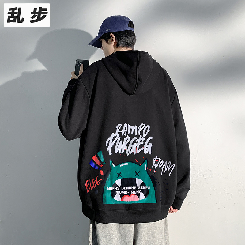 连帽卫衣男2024新款秋冬美式复古hiphop潮牌潮流印花宽松休闲外套