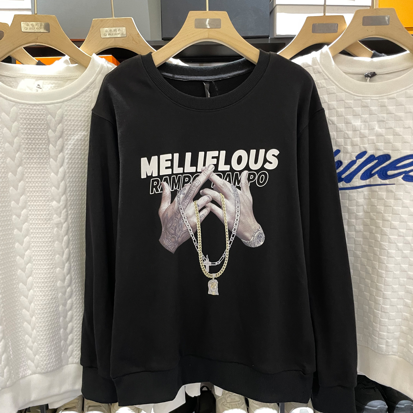 美式潮牌纯色卫衣男2025秋冬季圆领个性印花男女宽松百搭打底上衣