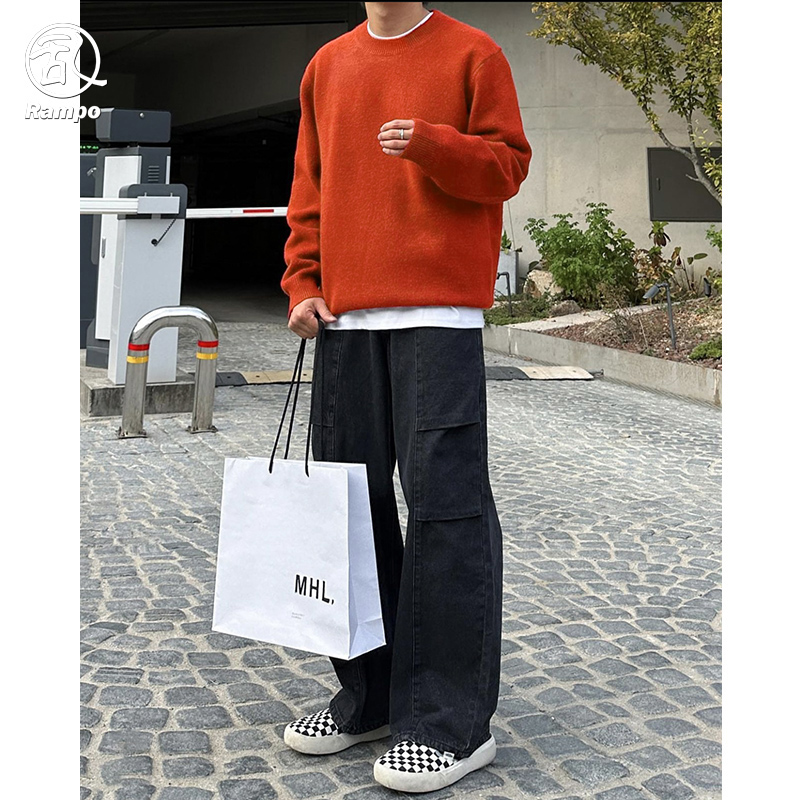 软糯厚实男士圆领毛衣男2024冬季新品加厚保暖线衣纯色宽松针织衫