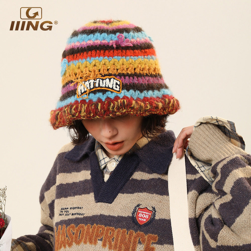 IIING帽控 彩虹条纹针织渔夫帽女秋冬保暖显脸小帽子大头围毛线帽,淘宝优惠券,粉丝福利购,淘宝优惠卷