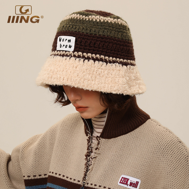 撞色复古针织渔夫帽女秋冬显脸小水桶帽韩版百搭大头围毛线盆帽子 - 图2