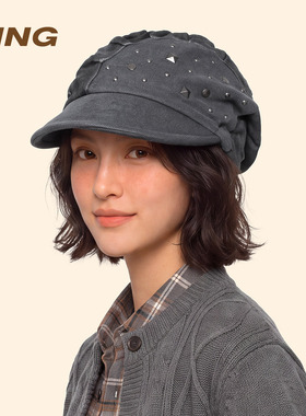 复古水洗铆钉拼接贝雷帽女秋短檐鸭舌帽小众大头围显脸小画家帽子