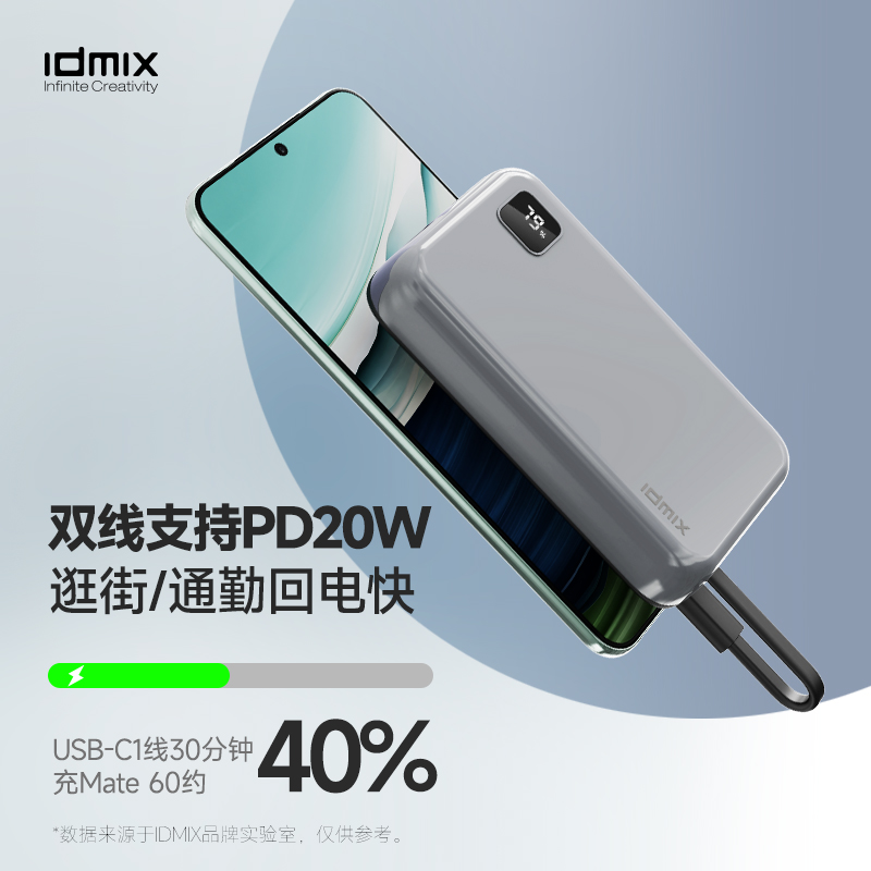 idmix充电宝自带线双Type-C适用iPhone15系列PD20W快充适用于华为Mate60超级快充22.5W小米OPPO三星VIVO手机 - 图1