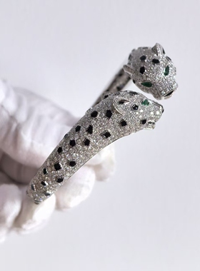 高版本莫桑钻豹子手镯女925银镀18K金满钻豹子头手环珠宝首饰定制