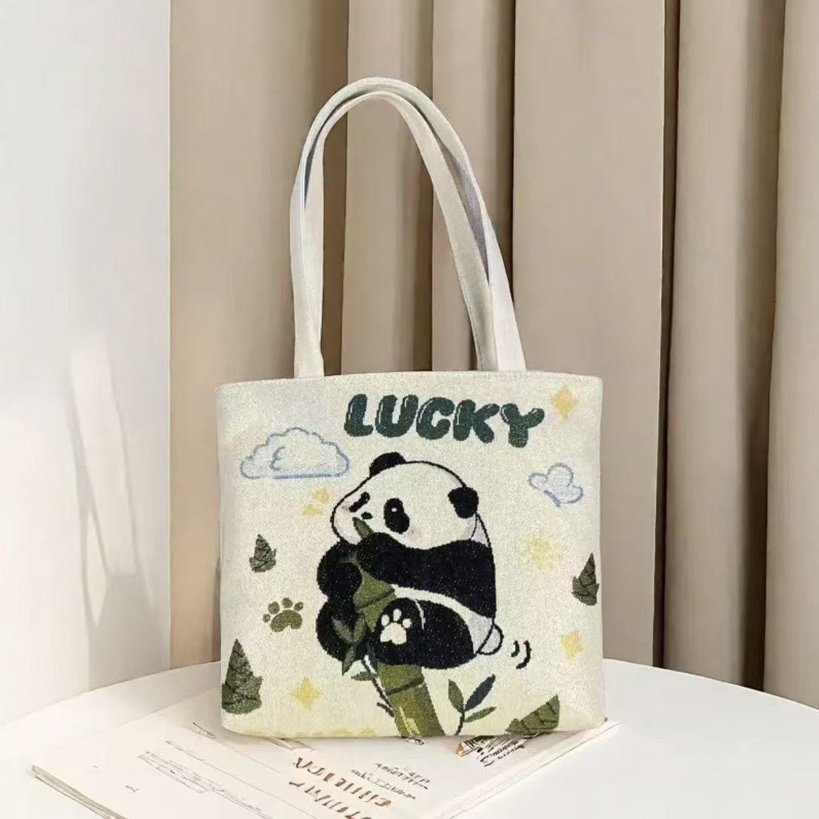 新款升级竹节小熊猫双面针织刺绣休闲百搭帆布手提单肩包卡通清新,淘宝优惠券,粉丝福利购,淘宝优惠卷