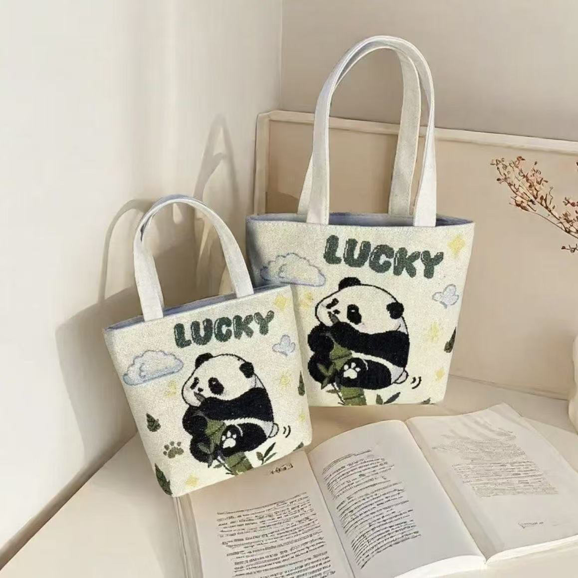 新款升级竹节小熊猫双面针织刺绣休闲百搭帆布手提单肩包卡通清新,淘宝优惠券,粉丝福利购,淘宝优惠卷