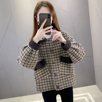 ພາກຮຽນ spring 2024 ໃຫມ່ plaid woolen coat ສໍາລັບແມ່ຍິງຂະຫນາດນ້ອຍ Korean style loose top ຕ່າງປະເທດ ເສື້ອຄຸມສັ້ນ trendy