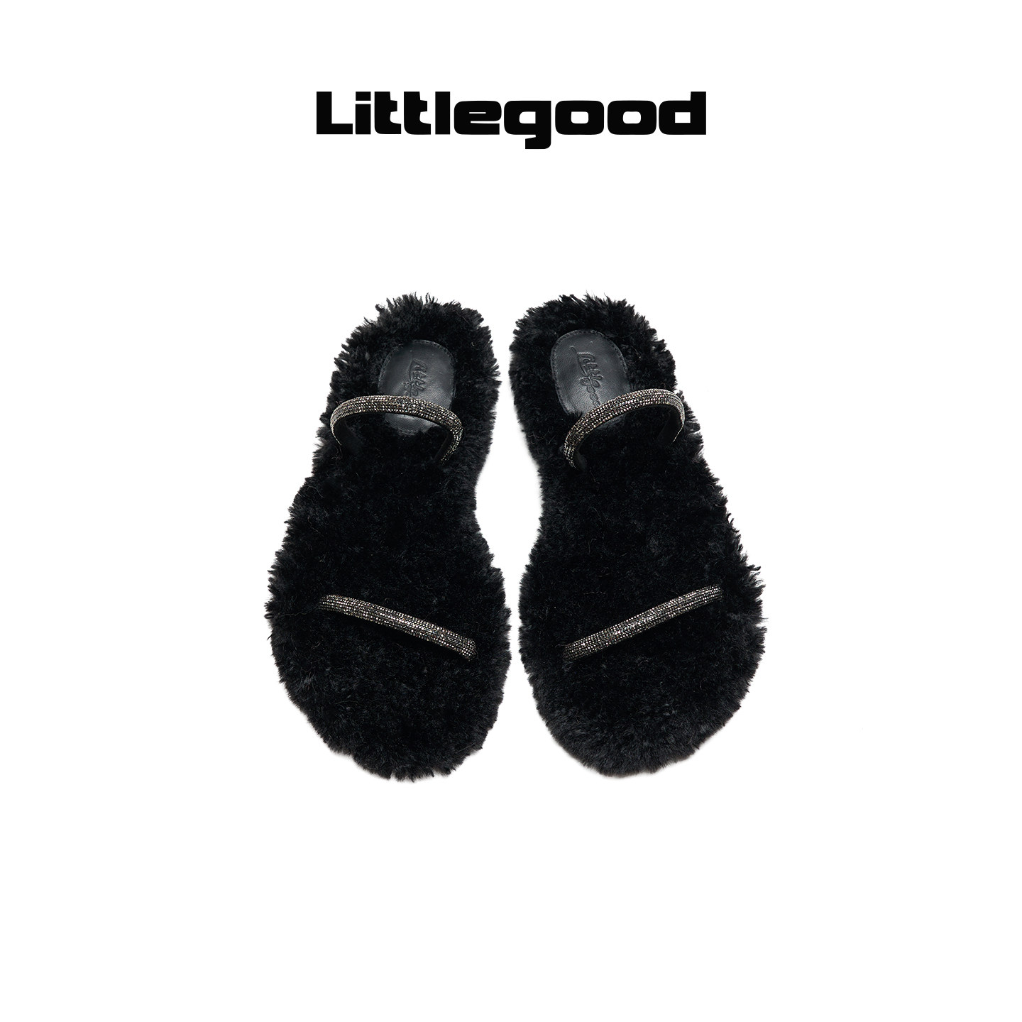 Littlegood rhinestone furry slippers for women all-match