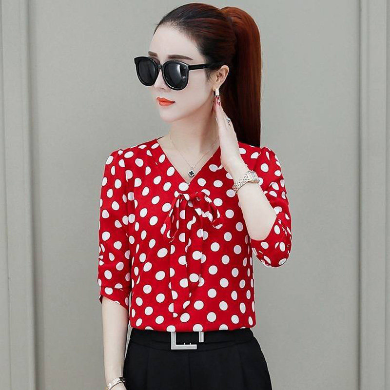 2025春夏季韩版波点印花衬衣女长袖/短袖雪纺衫V领上衣打底衫女装,淘宝优惠券,粉丝福利购,淘宝优惠卷