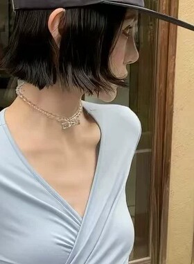 ins清冷蝴蝶结透明串珠锁骨链