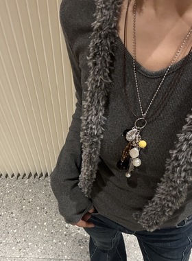乌托邦系列金属海螺流苏长款小众设计黑猪珍珠毛衣链百搭双层项链