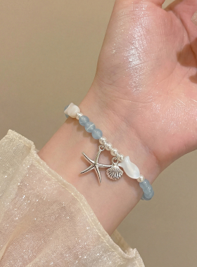 蓝色海星贝壳串珠手链女高级感