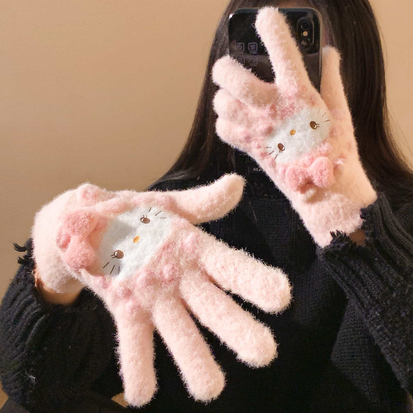 可爱粉色Kitty猫毛绒五指手套女冬季保暖防风防寒骑行学生可触屏,淘宝优惠券,粉丝福利购,淘宝优惠卷