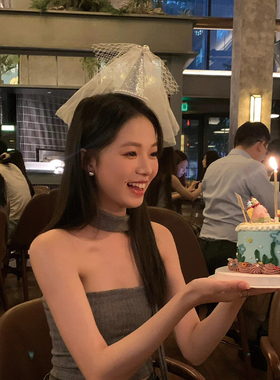 可爱生日帽子头纱蝴蝶结发夹女