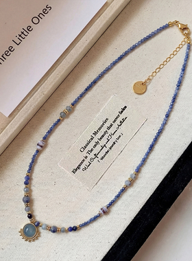 小众设计感蓝色宝石吊坠串珠项链