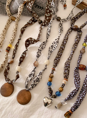 复古碎花串珠丝巾项链女款抽拉