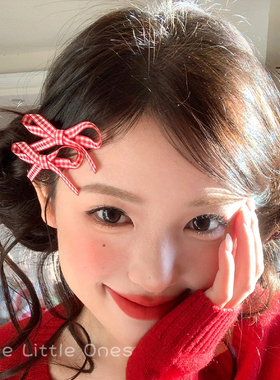 红色格子蝴蝶结发夹女