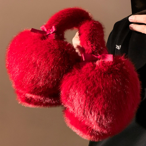 红色爱心毛绒耳罩女冬季加厚保暖防寒防风护耳包耳套圣诞配饰耳暖 - 图0