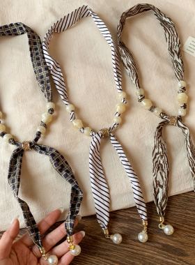 复古波点串珠抽拉式丝巾项链女