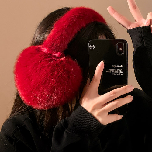 红色爱心毛绒耳罩女冬季加厚保暖防寒防风护耳包耳套圣诞配饰耳暖 - 图2