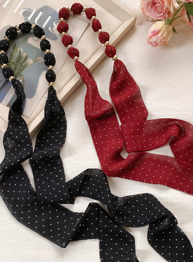 韩系复古红色波点长条丝巾项链