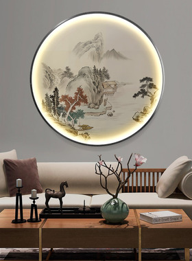 新中式圆形迎客松水墨山水带灯画
