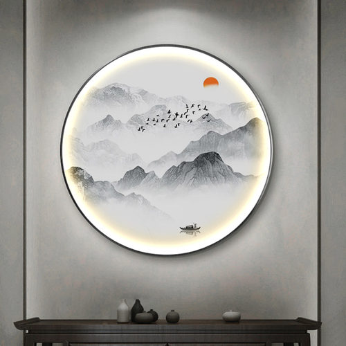 新中式圆形装饰画客厅玄关灯画山水画茶室禅意挂画水墨画风景壁画 - 图1