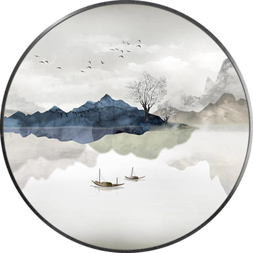 新中式圆形装饰画客厅玄关灯画山水画茶室禅意挂画水墨画风景壁画 - 图0