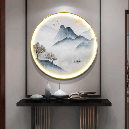 新中式圆形装饰画客厅玄关灯画山水画茶室禅意挂画水墨画风景壁画 - 图2
