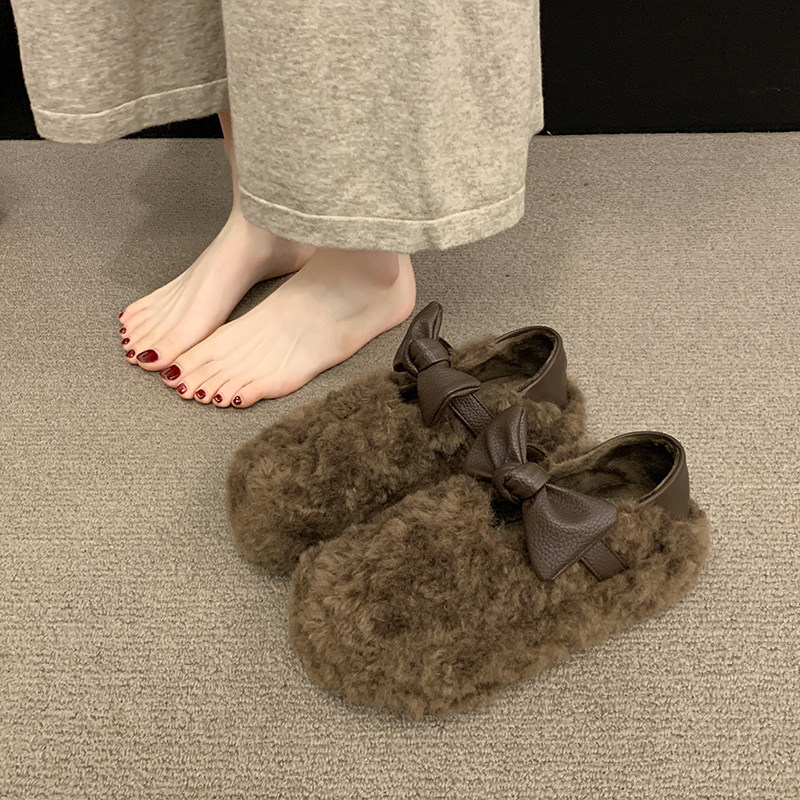 羊羔绒毛毛鞋女2025新款秋冬晚晚风蝴蝶结平底玛丽珍软底豆豆棉鞋,淘宝优惠券,粉丝福利购,淘宝优惠卷