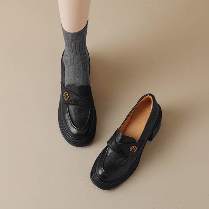 高跟方头高级感乐福鞋一脚蹬女鞋2025春季厚底春季粗跟黑色小皮鞋,淘宝优惠券,粉丝福利购,淘宝优惠卷