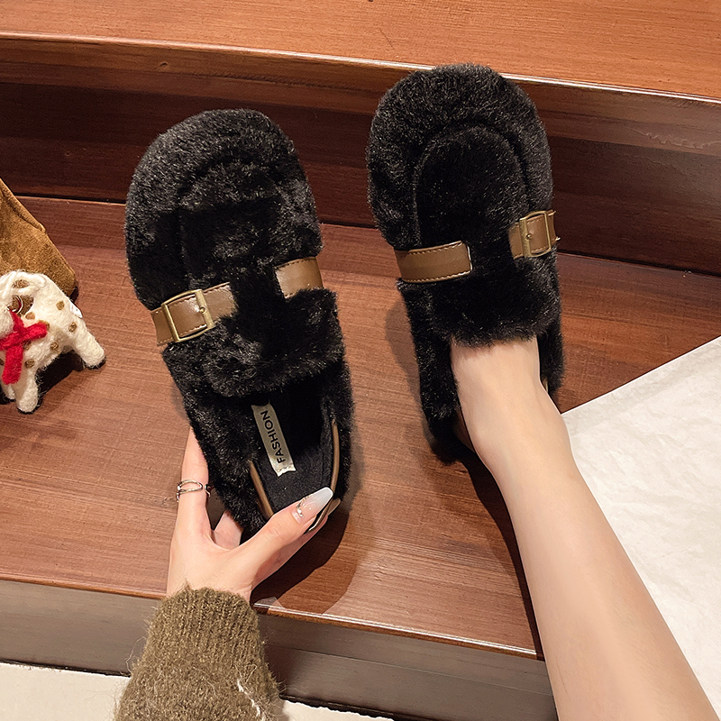 巨好看法式厚底包头毛毛拖鞋女外穿2025新款秋冬一脚蹬加绒棉拖鞋 - 图0