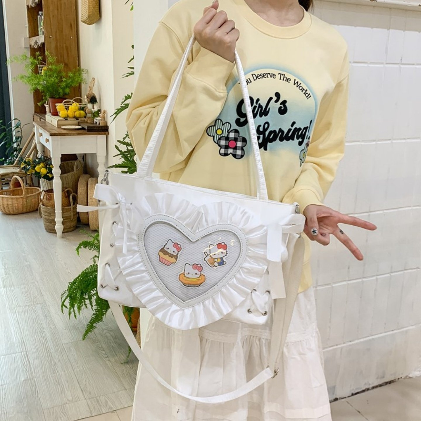 日系痛包大容量手提托特包丝带爱心花边吧唧包二次元斜挎包,淘宝优惠券,粉丝福利购,淘宝优惠卷