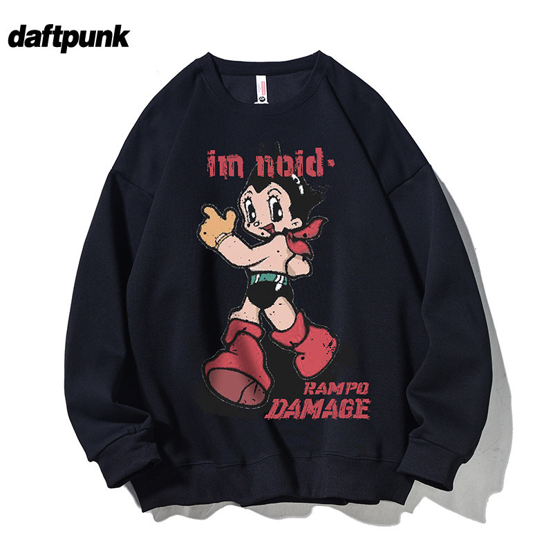 美式复古卡通印花圆领加绒卫衣男女宽松oversize秋冬百搭圆领上衣 - 图0