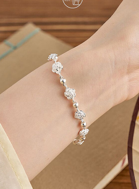 银匠[朱颜]新中式国风足银999手链女小众轻奢玫瑰花调节手环