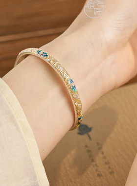 足银999.9描金珐琅莲花开口手镯