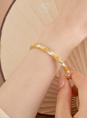 银匠 [玫花香] 新中式国风足银999.9手镯宫廷描金轻奢玫瑰花手环