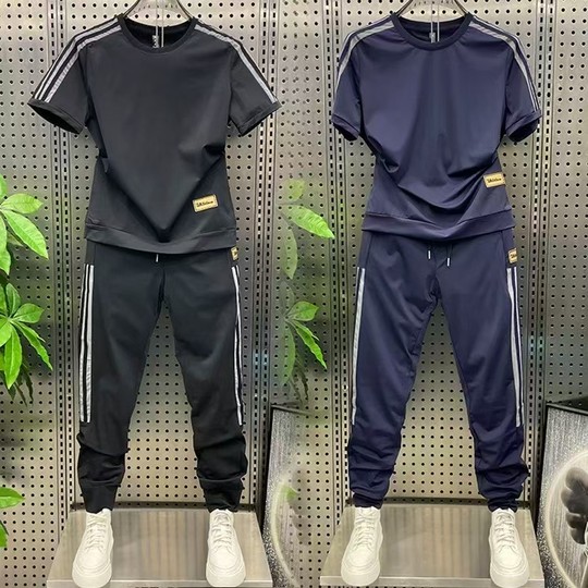 【现货】8058夏季运动套装男士薄款休闲短袖长裤潮流百搭两件套