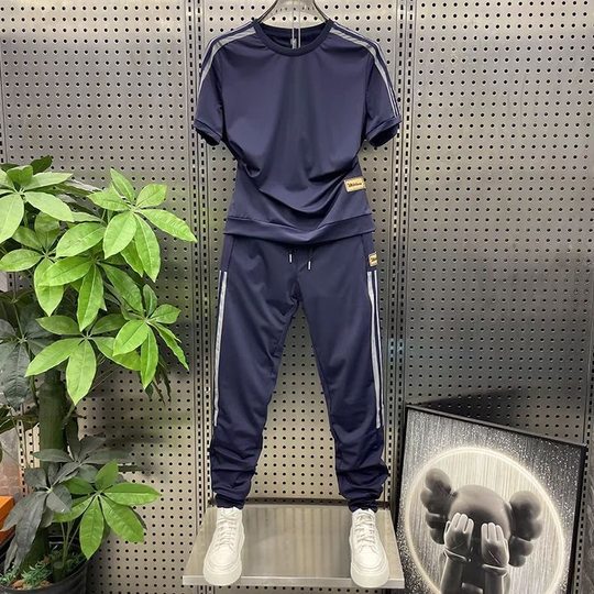 【现货】8058夏季运动套装男士薄款休闲短袖长裤潮流百搭两件套