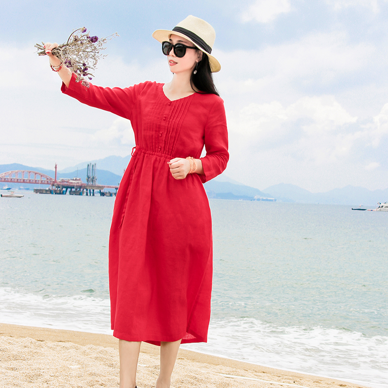 茶卡盐湖青海湖沙漠旅游拍照衣服红色长袖亚麻连衣裙女度假长裙