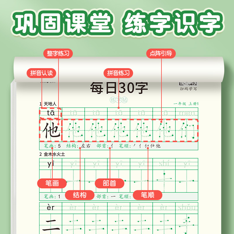 【减压同步字帖】书行每日30字一年级字帖上下册语文点阵同步练字帖二三年级人教版小学生专用每日一练钢笔临摹描红硬笔书法练字本 - 图2