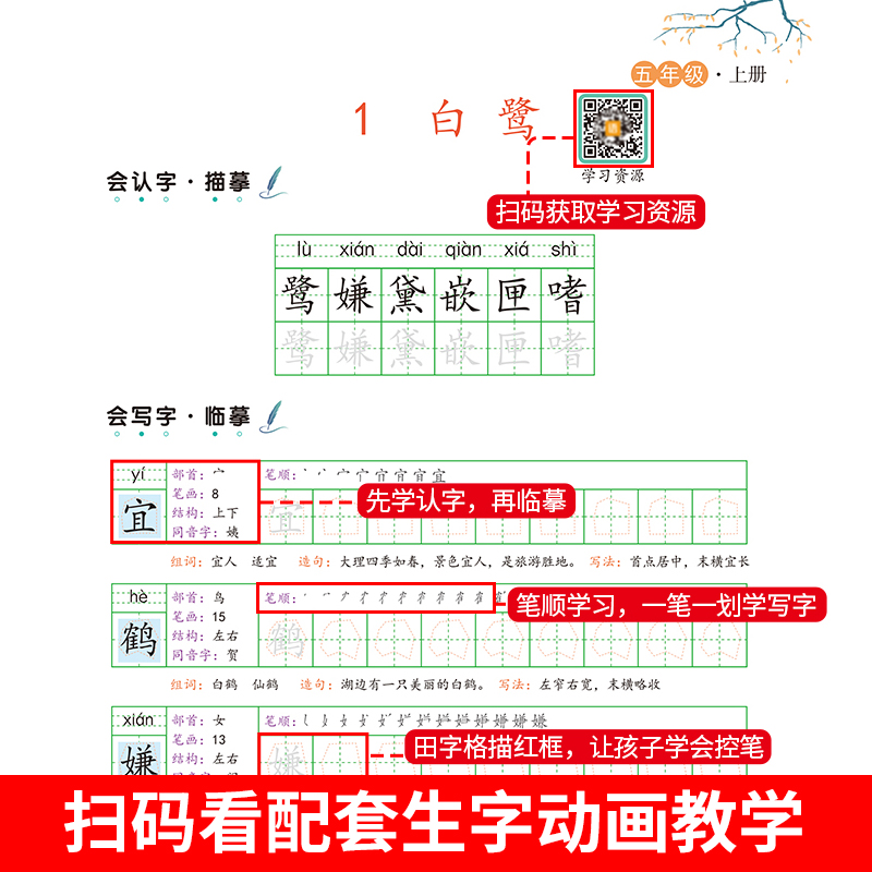 抖音同款小学生写好中国字正楷临摹儿童硬笔楷书五年级上册同步练字帖课课练控笔训练5年级上册人教版语文练习下字帖 - 图2