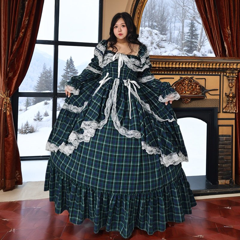 肉肉梦大码定制～复古绿色格子重工礼服裙拖地长裙宫廷感文艺气质,淘宝优惠券,粉丝福利购,淘宝优惠卷