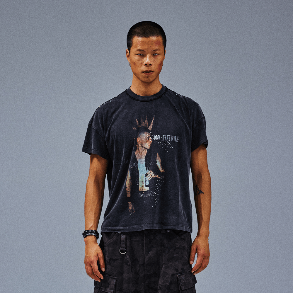 TecNineGroup DROP2 MOHAWK TEE 莫西干人像印花碎钻做旧 短袖T恤 - 图2