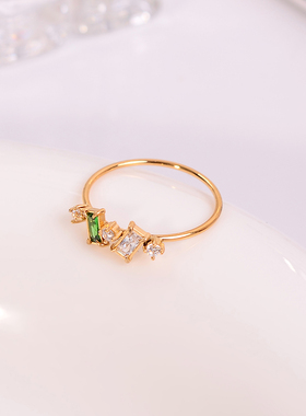 钛钢戒指 「绿野几何」超闪小方糖绿色戒指女百搭细指环不褪色