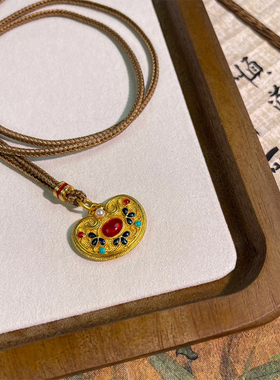 铜合金布艺项链 新中式复古花丝凤华玲珑小锁包项链女元宝毛衣链