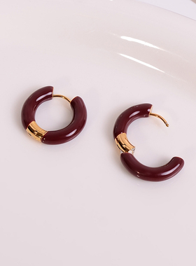 钛钢耳饰 新年珐琅酒红色素圈耳环女轻奢设计高级感耳圈耳饰