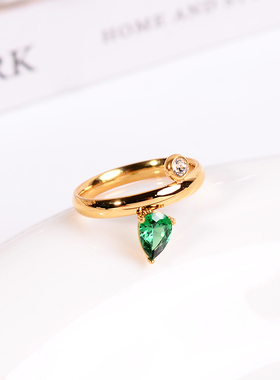 钛钢戒指 水滴绿色戒指女高级感小众设计指环不褪色食指戒配饰品