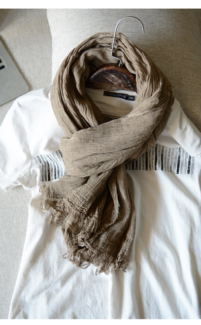 Versatile style tie-dye mechanism pleated brown cotton and linen scarf