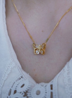 蝴蝶项链锆石项链游七月钛钢女